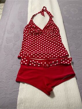 MARINA Red and White Polka Dot Tankini Top with Matching Shorts